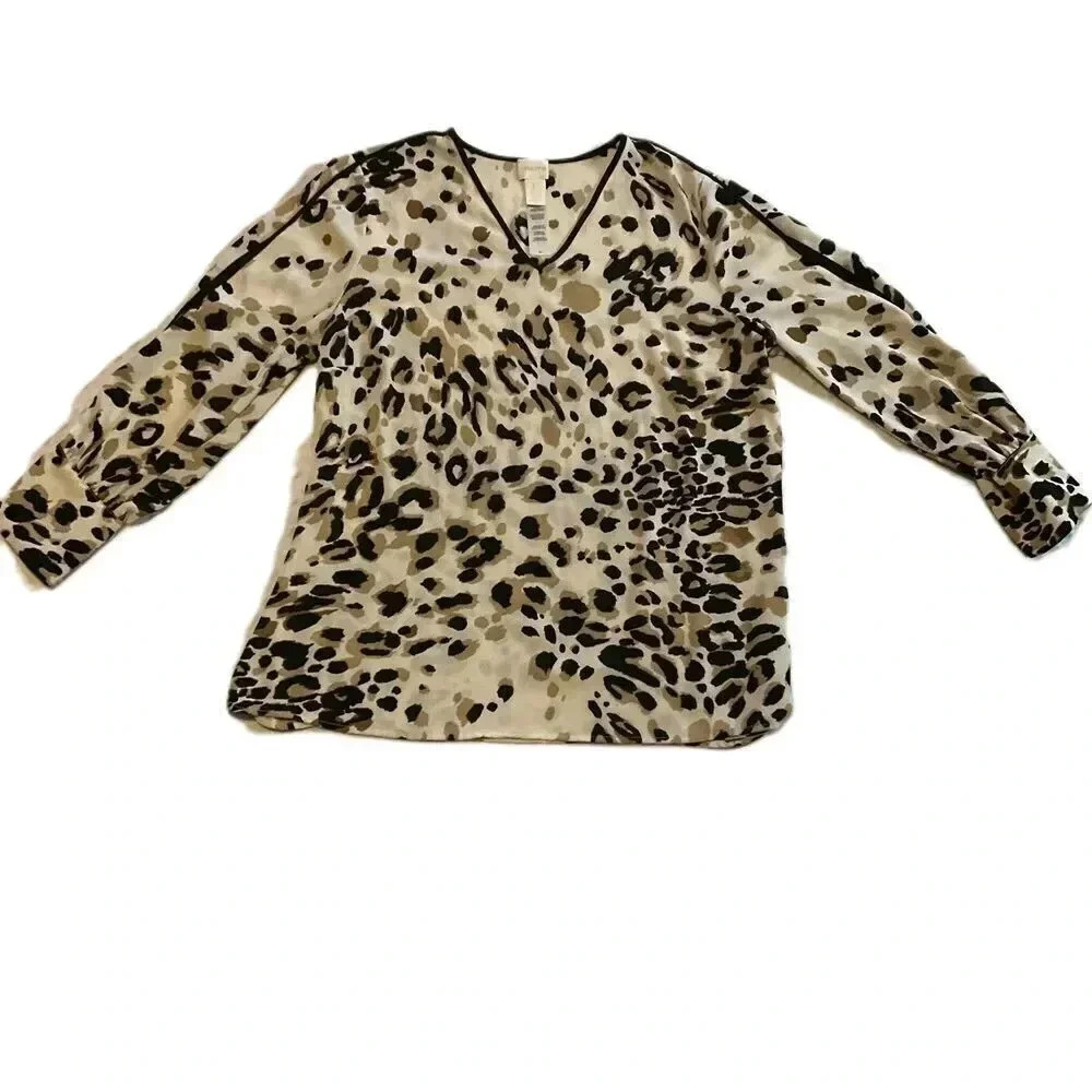 Chicos Leopard Print Lightweight Long Sleeve Blouse Peekaboo Sleeves Size 1P